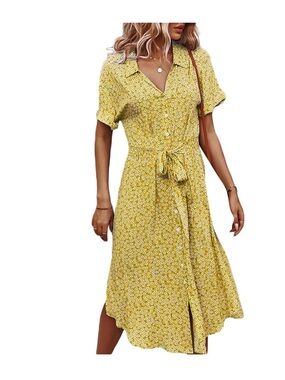 Yellow Floral Tie-Waist Midi Dress - Unbranded